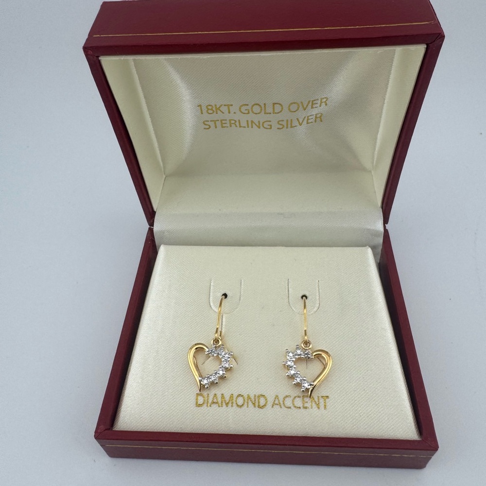 Gold Heart Earrings‎ with Diamond Accents 18Kt Over Sterling Silver